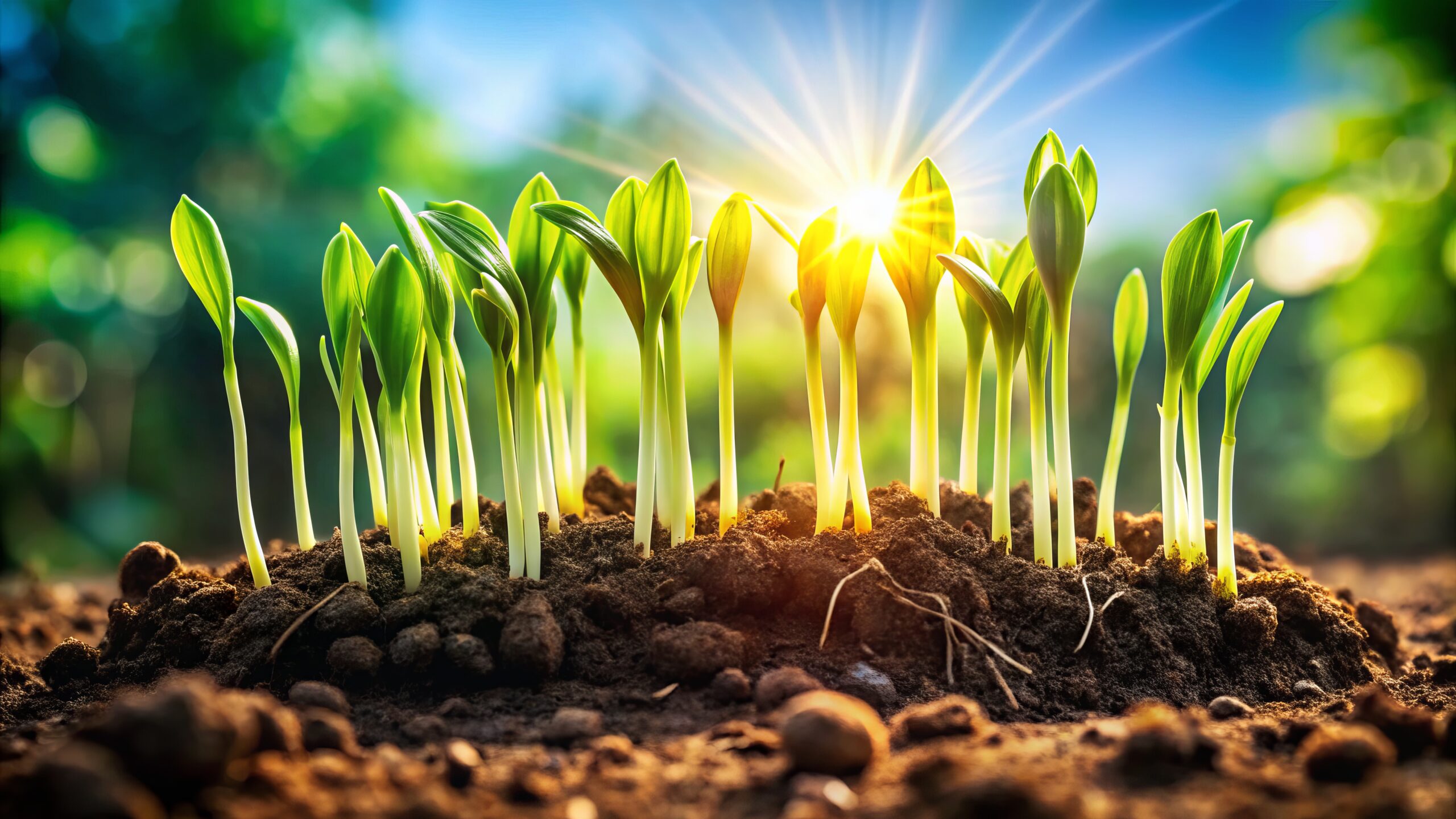 Vibrant Green Sprouts: Action Shot of Emerging Plants, White Stems, Root System, Close-Up Photography Budding plants sprouting in the sun